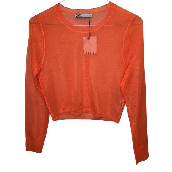 NWT Zara Women's Bright Orange Sheer Pullover Long Sleeve Top M - Picture 1 of 13
